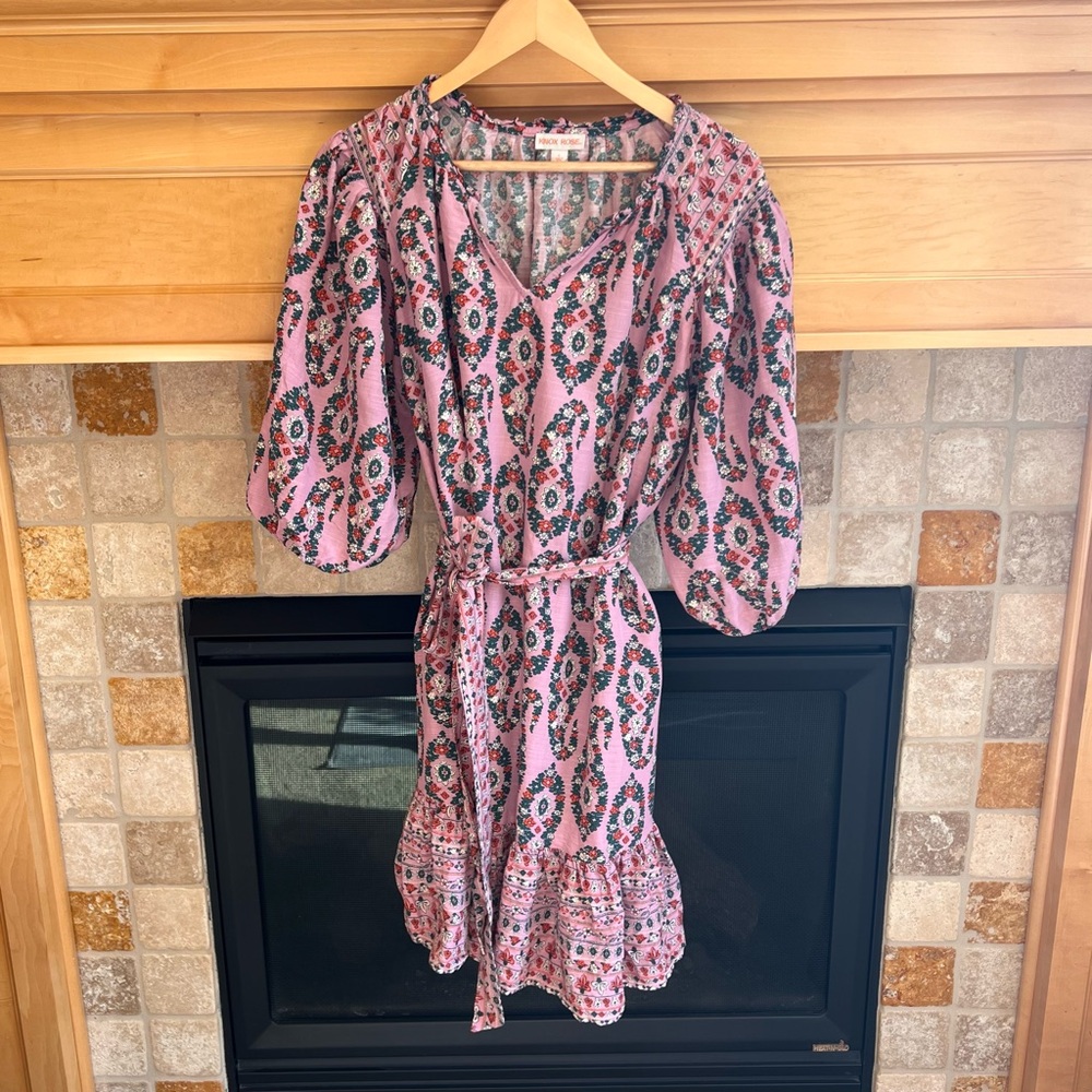 Knox Rose Boho Pink Floral Paisley Tie-Waist Mini Dress - Sz Large